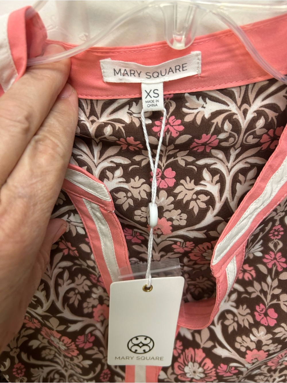 Mary Square Coral & Brown Floral Top with Coral & White Banded Neckline - Picture 13 of 16